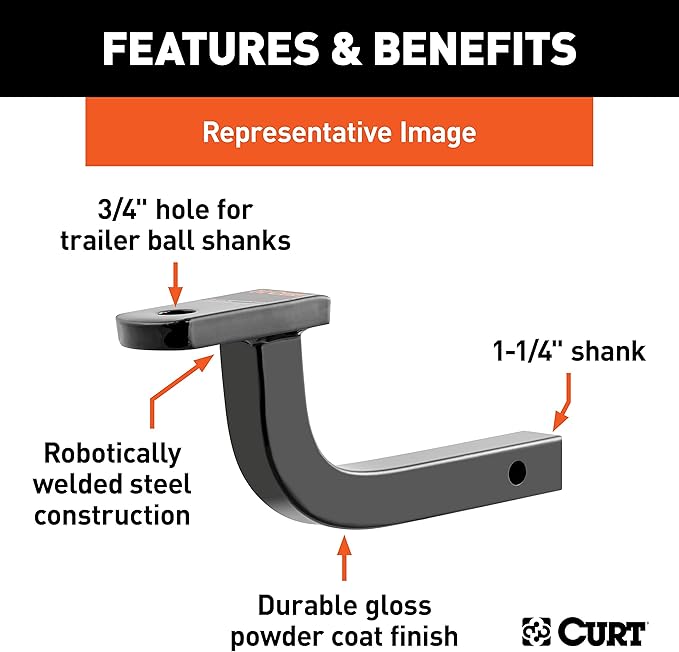 CURT 45014 Class 2 Trailer Hitch Ball Mount, Fits 1-1/4-Inch Receiver, 3,500 lbs, 3/4-Inch Hole, 5-Inch Rise