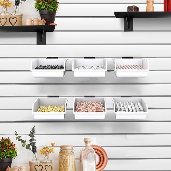 Slatwall Bins with Hooks Plastic Slatwall Organizer Slatwall Containers Workbench Bins for Slat Wall Organizing Hardware, Garage, Craft Room, Tool Shed, Hobby Supplies (12, White)