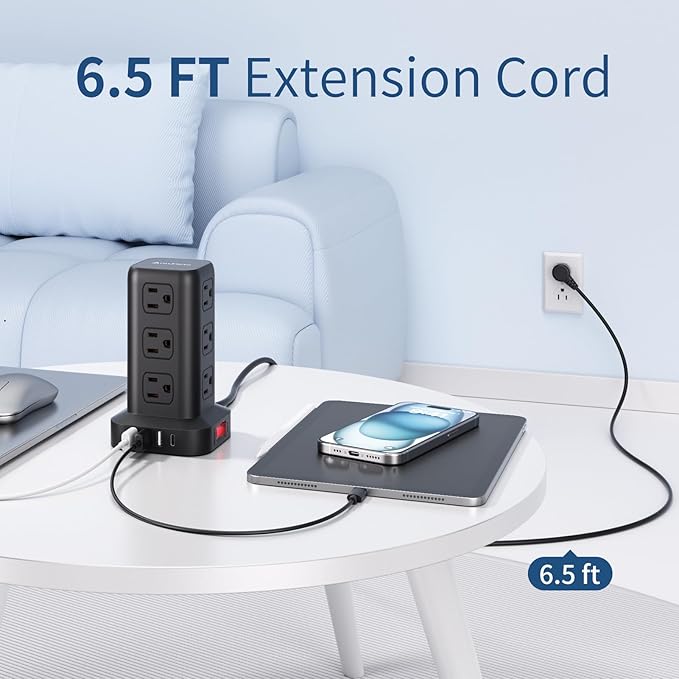 AnnTane Surge Protector Power Strip 6.5 FT Cord, Power Strip Tower with 4 USB Ports (1USB C), Extension Cord with 12 AC Multiple Outlets, Home Office Supplies Desk Accessories, Dorm Room Essentials