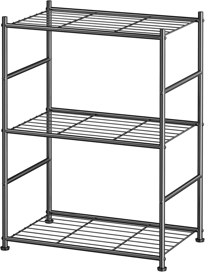 Sakugi 3-Tier Metal Storage Shelves - Space-Saving Shelf Organizer for Small Spaces, Compact Shelving Unit with Adjustable Feet for Kitchen, Garage, Laundry Room (17.7" x 12.5" x 30.1", Black)