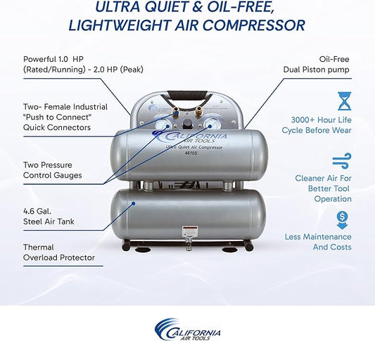 California Air Tools CAT-4610S Ultra Quiet & Oil-Free 1.0 hp 4.6 gallon Steel Twin Tank Electric Portable Air Compressor, Silver