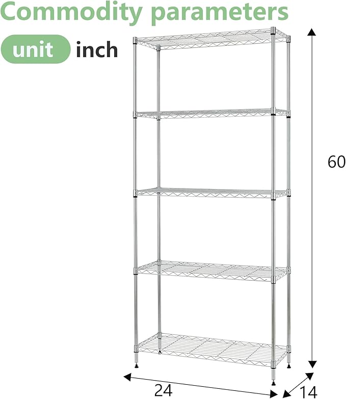 FDW 14" D×24" W×60" H Wire Shelving Unit Metal Commercial Shelf with 5 Tier Layer Rack Strong Steel for Restaurant Garage Pantry Kitchen Garage,Chrome