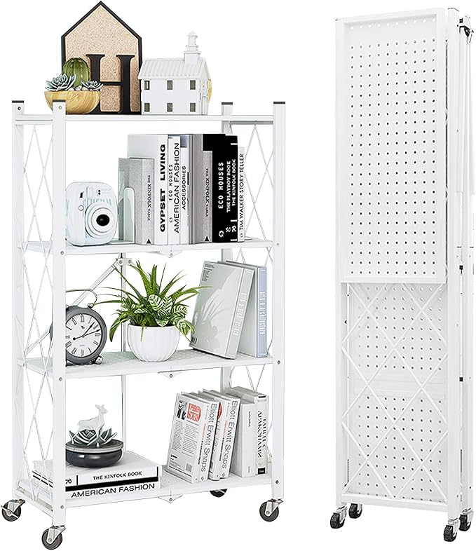 Lanstics 4 Tier Foldable Folding Shelves Heavy Duty Storage Shelving with Wheels Metal Shelf Standing Shelves Units for Home Kitchen Living Room