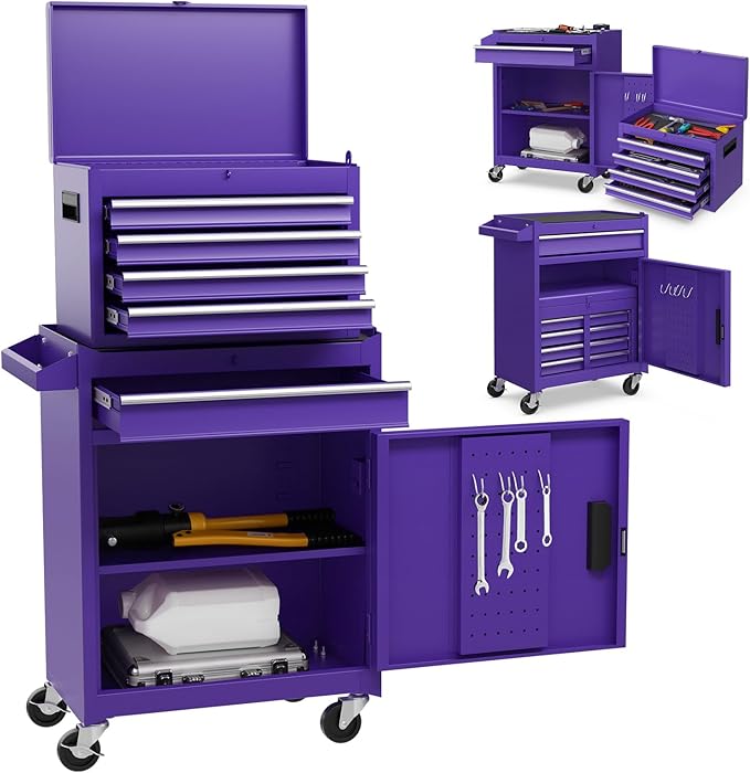 Goplus Purple Tool Chest, 5 Drawers Rolling Tool Cabinet w/Detachable Top Toolbox, Universal Lockable Wheels,Lock Bar,Protective Liner,Tool Rack, Metal Tool Storage Cart, Tool Box for Garage Workshop