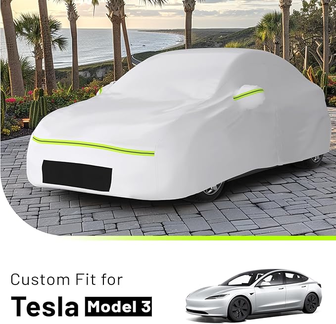 Favoto Car Cover for Tesla Model 3 - Custom Fit Vehicle Cover 6 Layers Waterproof Outdoor All Weather Snow Rain Sun Protection with Charging Port Ventilated Mesh Door Zipper