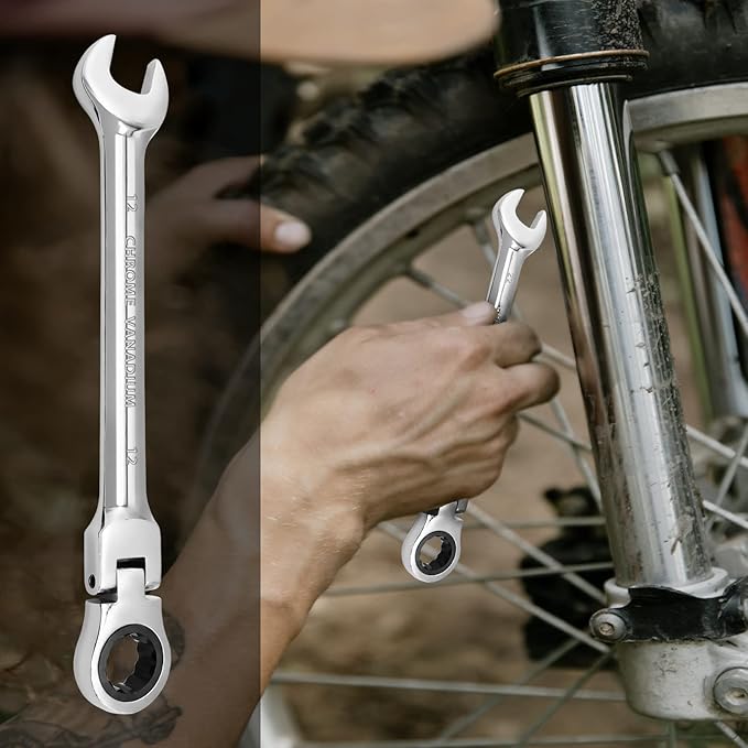 12mm Flex Head Ratchet Wrench, 12 Point Chrome Vanadium Steel Combination Spanner with 72 Tooth Ratcheting Gear, Metric Industrial Grade Tool for Automotive and Mechanical Maintenance