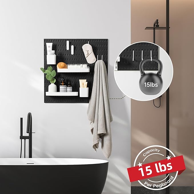 VUSIGN Pegboard Combination Wall Organizer Kit, 4 Pieces Pegboards and 17 Accessories Modular Hanging, Wall Mount Display Peg Board Panel Kits for Bedroom, Home, Office, Bathroom, 22" x 22", Black