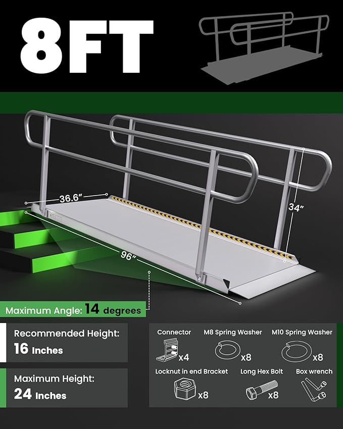 8FT Wheelchair Ramp with Handrails, 1600 lbs Capacity Heavy Duty Aluminum Ramps for Home Steps and Doorways, Fixed Threshold Solution for Wheelchairs Scooters Walkers, Easy Single-Person Use