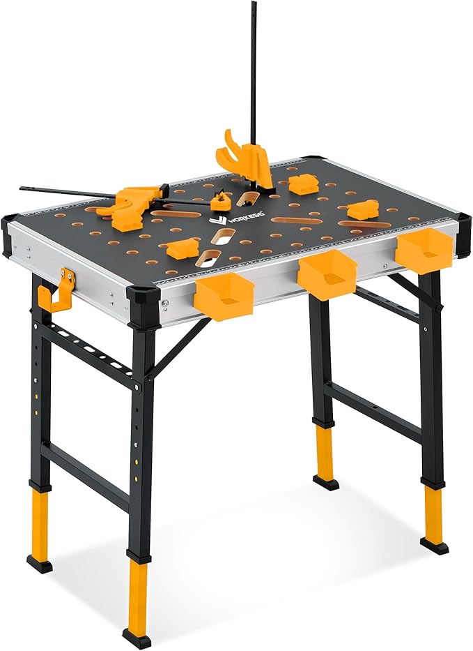 WORKESS Portable Workbench 1000Lbs Capacity 2026 Upgraded Adjustable 5 Level Height Heavy Duty Folding Work Table with 2 Quick Clamps, 4 Bench Dogs, 3 Tool Boxes for Garage Easy Storage