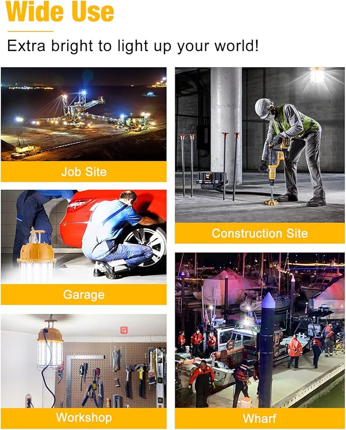 LED Temporary Work Light 100W LED Construction Lights 12,000lm 5000K Daylight Stainless Steel Guard Portable Hanging Work Lighting Workshop Jobsite Light Outdoor