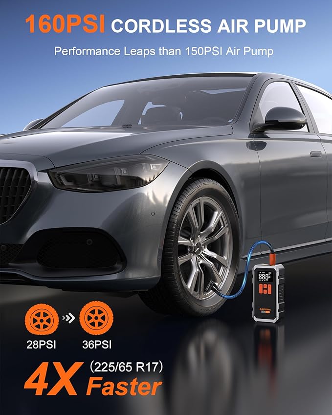 160PSI Tire Inflator Portable Air Compressor - Cordless Air Pump for Car Tires with 10000mAh Battery, 4+N Smart Modes, Digital Pressure Gauge, LED Light & Carrying Case - for Car, Moto, Bike, Balls