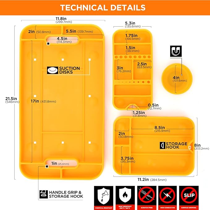 MOTORHEAD Super Grip Silicone Tool Tray Set (4-Piece: 23”, 16”, 12” & 4”) Magnetic, Non-Slip, Anti-Scratch,Withstands Temperatures Up to 248°F/120°C, Non-Conductive & Anti-Static, Orange (AT06006G)