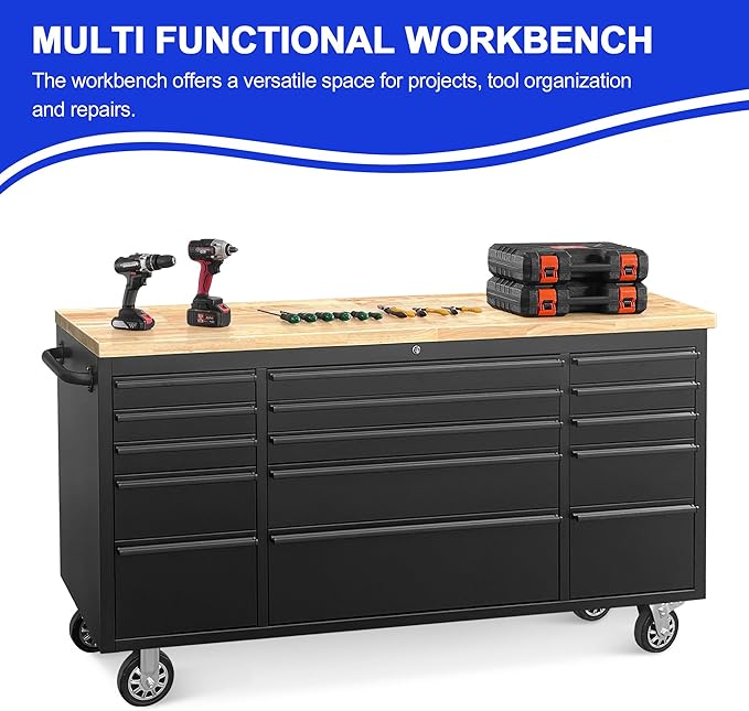 72-Inch Steel Rolling Tool Box with 15 Drawers, Heavy-Duty Mobile Garage Workbench, Lockable Large Tool Chest Storage Cabinet with Wheels for Workshop, Matte Black Finish
