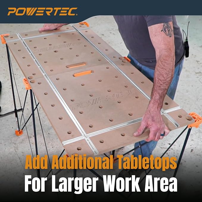 POWERTEC 72291 Arachni-Flex Portable Workbench - 24" x 48" Foldable Tabletop w/Pre-drilled Dog Holes & Quick-Insert Locks & 2x4ft Collapsible Workstand 2500 lbs Capacity 36" Work Height, Woodworking