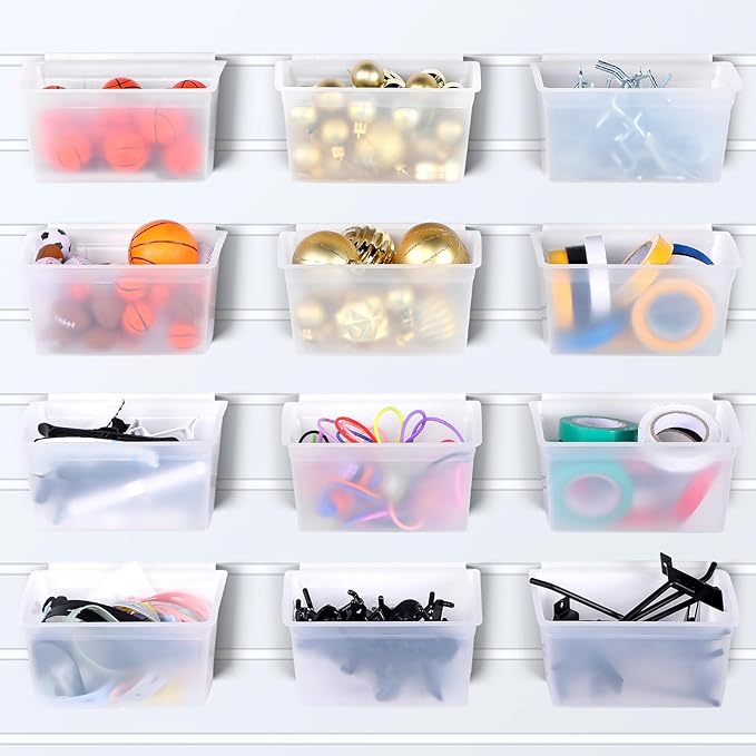 Unittype 12 Pcs Storage Bin Plastic Slatwall Bins for Slatwall Organizer Containers Garage Accessories(Transparent)