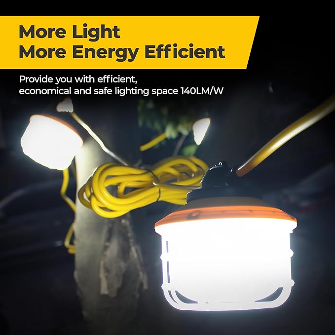 50FT Construction String Lights: 75W Ultra-bright 10500 lumens Linkable ETL Listed 18AWG Wire Industrial Outdoor Temporary Lighting IP65 Waterproof Hanging Led Work Light for Attic Jobsite Garage