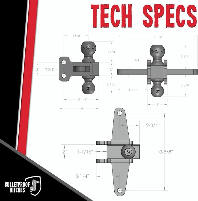 BulletProof Hitches - Medium Duty Sway Control Ball Mount with 2" and 2-5/16" Combination Ball - Rated to 14,000 lbs for Trailer Sway Control - Solid Steel, Black Powder Coat, Corrosion Resistant