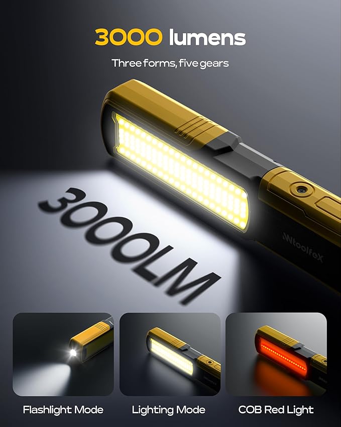 Magnetic Work Light, Under Hood Work Light Bar with Flashlight & 360° Rotatable Hook, 3000LM LED Mechanic Light with Multifunctional Foldable Design, 5 Lighting Modes for Car Repairing & Emergency