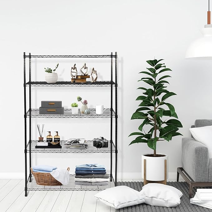 Elevon 5-Tier Storage Shelves, Adjustable Metal Wire Shelving Unit with Leveling Feet Heavy Duty Pantry Shelves Organizer Rack for Kitchen Garage Laundry Office Warehouse, 35"L x13.4"W x64.3"H, Black