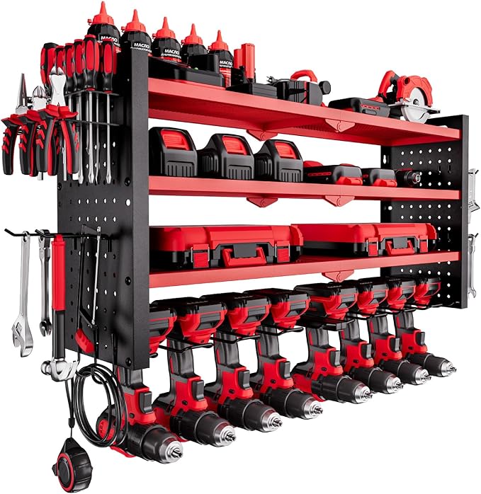 VEVOR Power Tool Organizer Wall Mount, 4-Layer Storage Rack with 8 Drill Holders, Tools Holder and Storage Rack with Side Pegboards, Garage Tool Organizer for Garage, Workbench, and Workshop