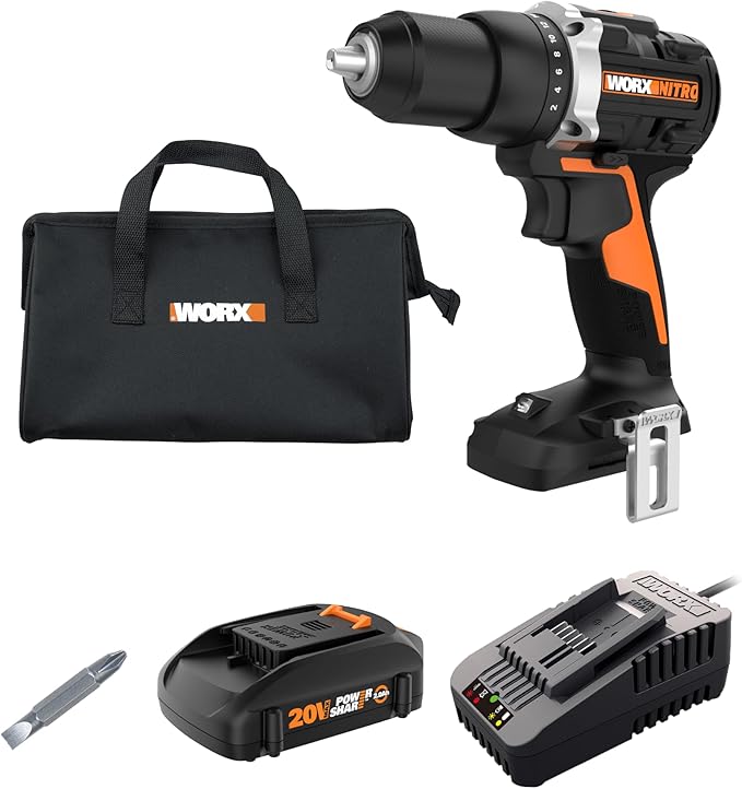 Worx WX102L Nitro Cordless Drill/Driver, Battery Included, 20 V, 2 Ah, 1/2 in Chuck, Ratcheting Chuck
