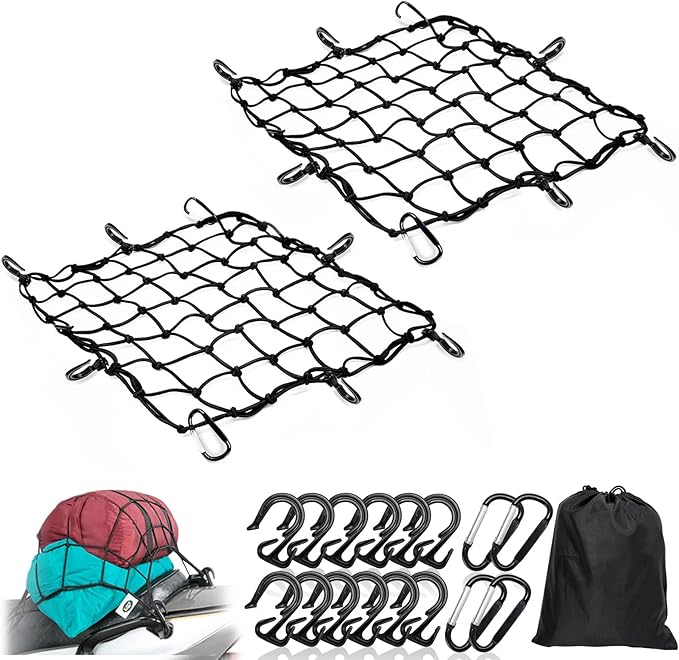 Cargo Net Motorcycle Fuel Tank Net Natural Latex Core, 15"x 15" Extends to 30"x 30" with 2"x 2" Mesh for Motorcycle Helmets, Bikes, ATVs, UTVs, Luggage (Black, 2 Pack)
