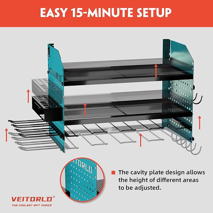 Veitorld Power Tool Organizer with Charging Station, Heavy Duty Modular Wall Mount Rack for Garage & Shed Organization, 4 Drill Holders, Anniversary Birthday Gifts for Him Men Dad Man