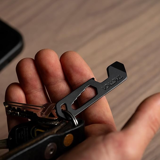 TACTICA M.005 Micro Tool, 6-in-1 Stainless Steel EDC Pry Bar Multitool Keychain, Wrench, Screwdriver and Keychain Bottle Opener, Ultralight Every Day Carry (Black)