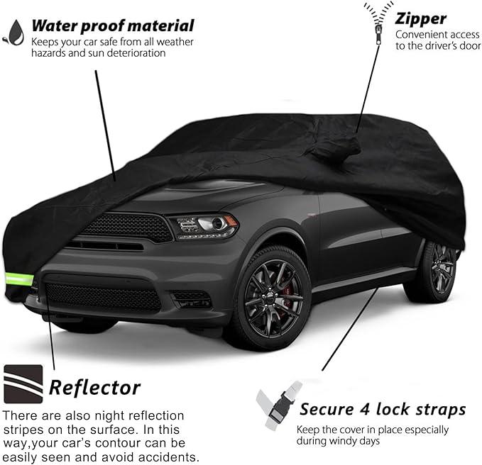 Waterproof Car Cover for 2011-2026 Dodge Durango Car Cover 190T Covers Custom Fit 100% Waterproof Windproof Strap & Double Door Zipper Up to 203” L (Black-for Dodge Durango)