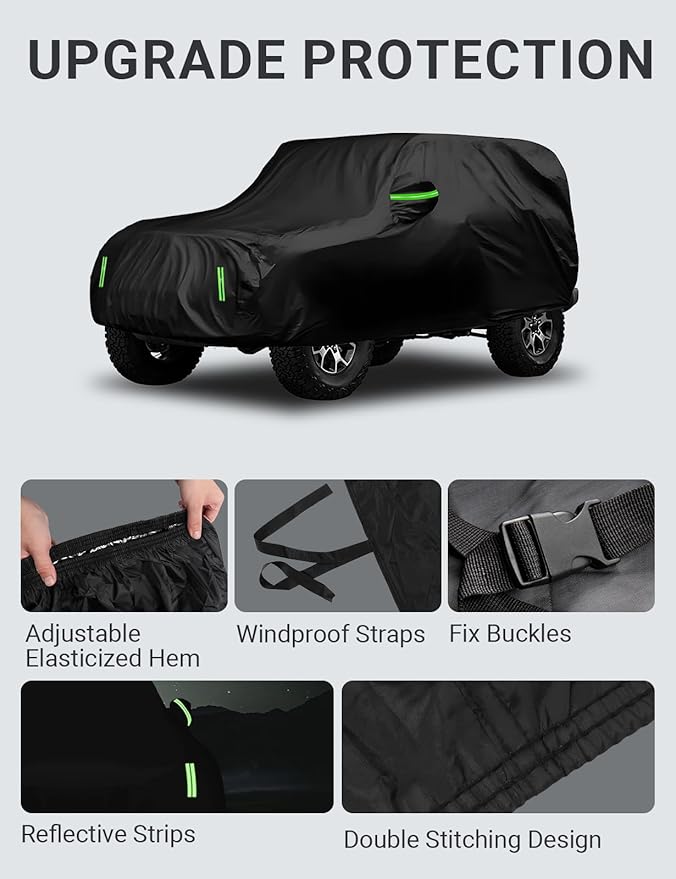 Proadsy 6 Layers Car Cover Custom Fit for Jeep Wrangler 4 Door JK JL YJ TJ 2006-2024 2025 2026 Windproof All Weather Waterproof Sun Rain UV Dust Snow Protection Outdoor Covers