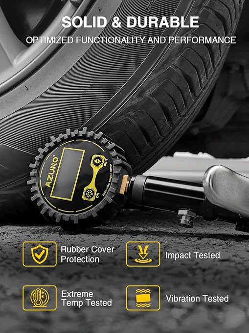 AZUNO Digital Tire Inflator with Pressure Gauge, 200 PSI, Heavy Duty Air Compressor Accessories, with Rubber Hose Lock on Air Chuck and Quick Connect Coupler, Comes with a Portable Carrying Box