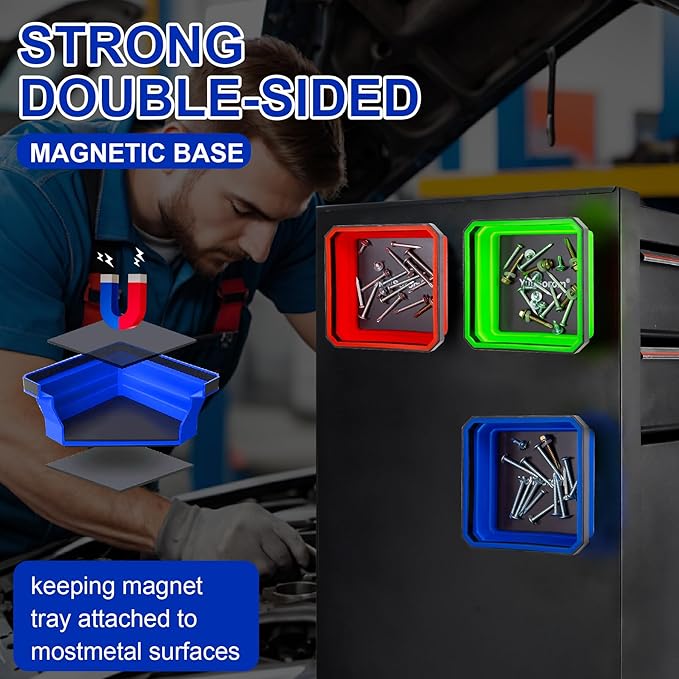 Collapsible Dual-Sided Magnetic Parts Tray Set, 4-Pack 4.5” Tool Trays for Screws Bolts Nuts Washers Pins with 1pc Magnetic Suction Rod