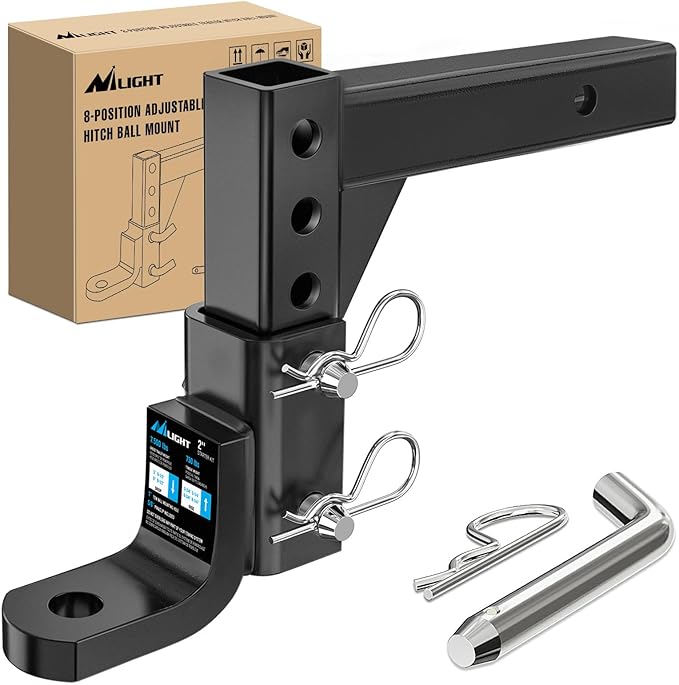 Nilight 8-Position Adjustable Trailer Hitch Ball Mount Fits 2 Inch Receiver with 5/8" Pin Lock 7500 lbs 9-1/2" Drop 8-1/4" Rise 1" Hole Hitch for Trailers Boats Pickups RV