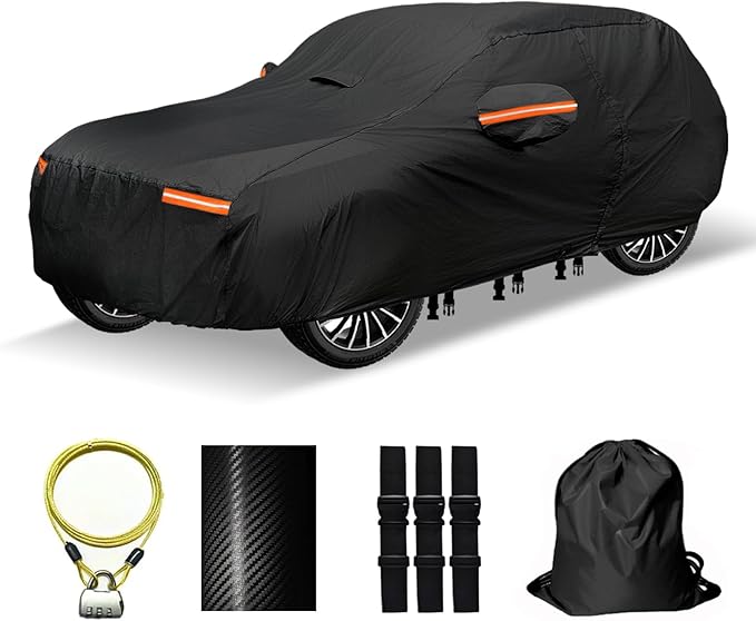 Heavy Duty SUV Car Cover for Automobiles All Weather Waterproof, Outdoor Snowproof UV Protection Windproof, Door Zipper, Soft Cotton Universal Car Covers (Black, Fit SUV 181"-190")