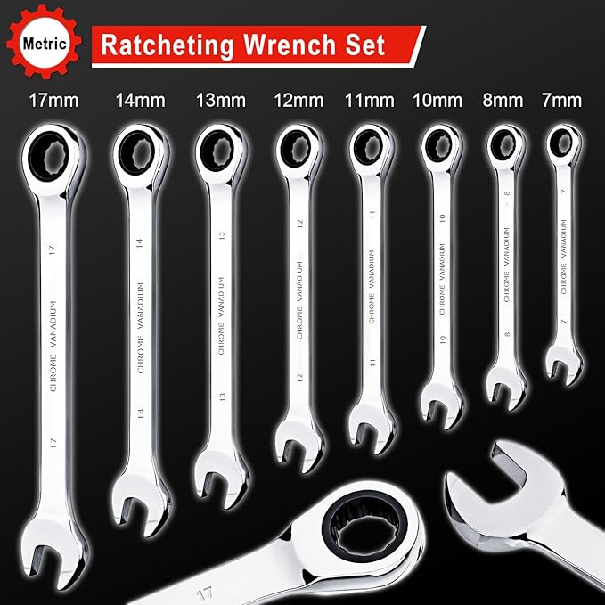 Egofine 8-Piece Ratcheting Wrench Set, Cr-V Steel Mertic Wrench Set from 7mm to 17mm wrench, 72 Teeth Ratchet Wrench, 12 Point Open End & Box End Combination wrench set with Roll Up Pouch