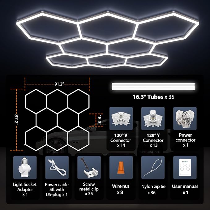 Hexagon Garage Lights, 8-HEX 350W 5000K Daylight Garage LED Lights, Modular Honeycomb Shop Light for Detailing, Workshop, Home Gym, Warehouse, DIY Workspace