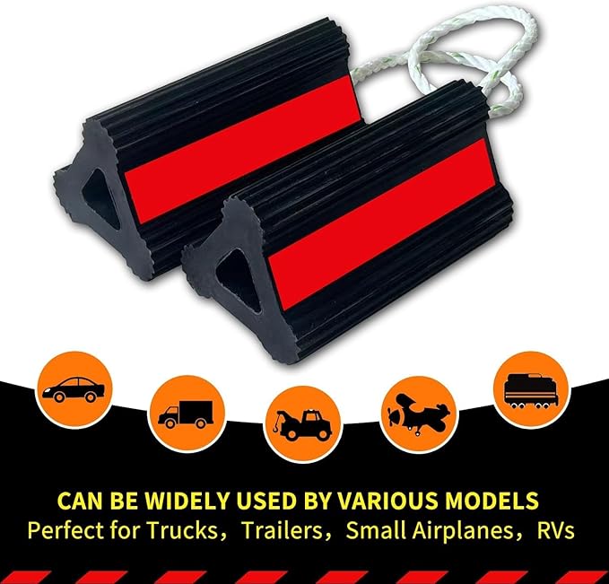 Vacallity Wheel Chocks for Travel Trailers Camper RV Truck Car, Solid Rubber Sturdiness Heavy Duty Simple Easy to use, Tires Chock Block Stopper with Nylon Rope Red Reflective Tape