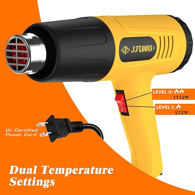 Includes four-piece heat gun set and hard-sided carrying case/accessory kit, yellow. (JF-2001W-1)