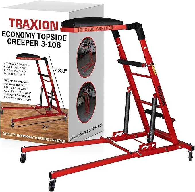 Traxion New Quality Economy Topside Creeper 3-106 with expanded Metal Steps and Velcro Stomach Pads with Tool Loops