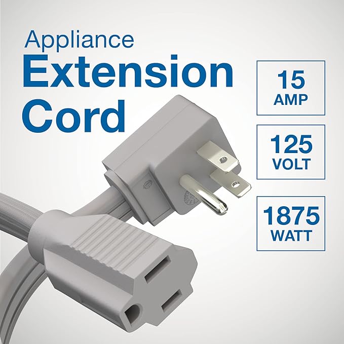 Appliance Extension Cord - 3ft Heavy Duty Gray Extension Wire for Air Conditioner, Refrigerator, & All Major Appliances - 14 Gauge High Voltage 3 Prong Flat-End Appliance Cord, for Indoor use