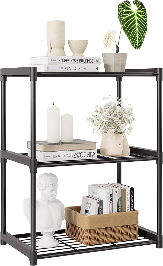 3-Tier Storage Shelves with Plastic Connectors – Metal Shelf Organizer for Pantry, Closet & Bathroom, Space-Saving Sturdy Shelving Unit Rack, Black, 17.3" x 12.8" x 28.9"