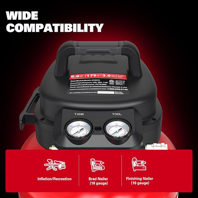 ECOMAX Air Compressor 6 Gallon 1.5HP Pancake Max 175 PSI Portable Oil-Free Tank
