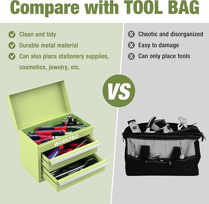 WORKPRO Mini Metal Tool Box with 2 Drawers and Top Storage, Small Tool Chest with PVC Liners and PP Feet Pads, Cold Rolled Steel Toolbox with Magnetic Tab