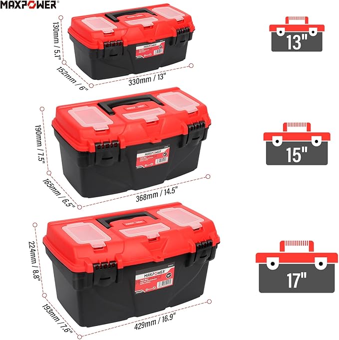 MAXPOWER Tool Boxes With Removable Tool Trays, Portable Tool Box for Tools Organizers and Storage, 3 Pack Plastic Toolbox, 13-Inch, 15-Inch & 17-Inch
