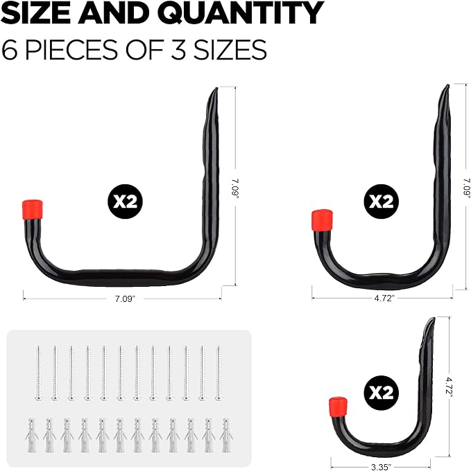CARTMAN Garage Storage Utility Hooks Heavy Duty Ladder Hooks Garage Wall Hooks Indoor/Outdoor Use for Tools,Bikes 3 Size 6 Pack