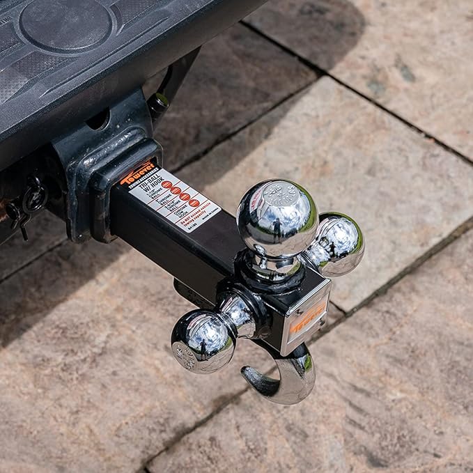84180 Trailer Hitch Tri Ball Mount with Hook, 3 Ball Hitch Fit for Towing Hitch 2 inch Receiver (Hollow Shank Tow Hitch, Black & Chrome)