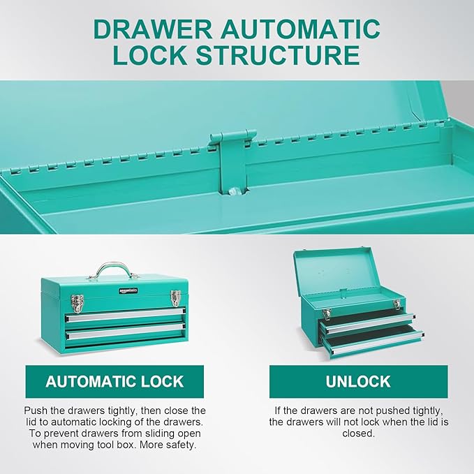 Amazon Basics Steel Tool Box Storage and Organization Drawers, Tool Storage with Powder Coat Finish, 18.11 x 8.66 x 9.45 in, Turquoise
