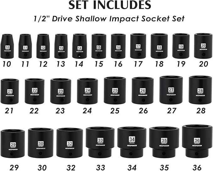 MIXPOWER 26 Piece 1/2 Inch Drive Impact Socket Set,Metric,Shallow,10mm to 36mm, Cr-Mo Alloy Steel, Radius Corner Design, Impact Grade