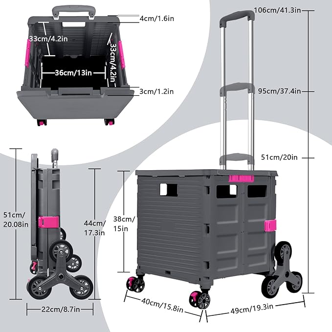 Foldable Utility Cart with Stair Climbing Wheels,Collapsible Rolling Crate with Magnetic Lid Telescopic Cover,Adjustable Telescoping Handle,360° Rotate Wheel Hand Cart for Teacher Shopping Moving