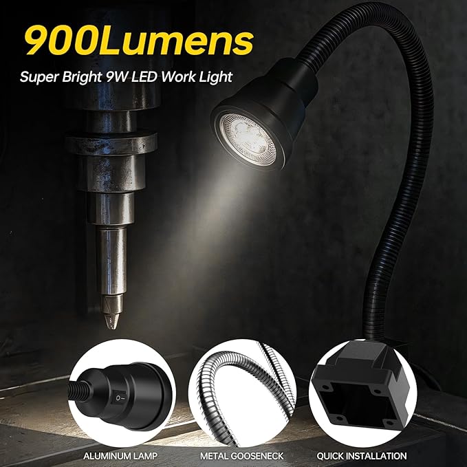 Led Work Light, 9W Machine Light, 900 Lumens Flexible Work Lamp for Lathe Milling Machine Drill Press, Aluminum Alloy Light Head (Fixed Base)